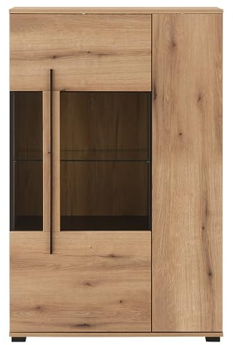Lomadox Vitrinenschrank 90 cm breit Wohnzimmerschrank Vitrine in Eiche mit 2 Türen und 1 Glaseinlegeboden