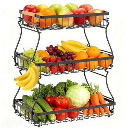 Piashow Obst Etagere 3 Stöckig, Obstkörbe Etagere 3 Etagen mit 2 Bananenhalter, Metall Abnehmbare Obst Etagere Schwarz für Obst, Brot, Gemüse, Snacks, Aufbewahrung für Küche