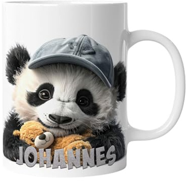 Personalisierte Kaffeetasse Süßer Panda mit Teddy | Keramik Becher mit Namen – lustige Tiermotiv Tasse, Geschenkidee für Männer, Frauen, Kinder & Kollegen – spülmaschinenfest, 330ml