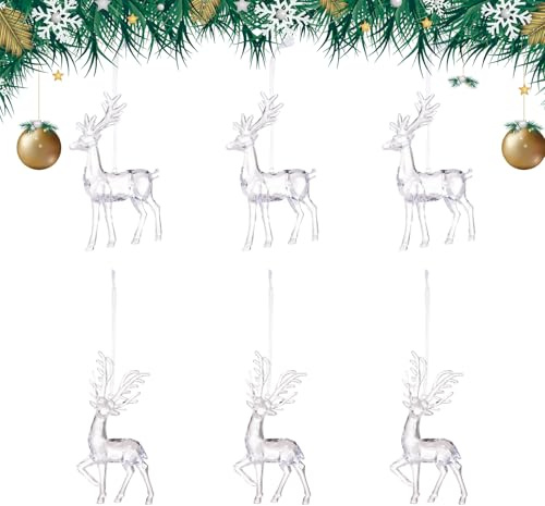Tuxxjzm Acryl-Ornamente, 6 Stück, Acryl-Elch, transparent, Weihnachtsbaumdekoration, hängende Ornamente, für Innen- und Außenbereich, Beleuchtung, Decke, Kamin, Schlafzimmer, Party, Hof, Terrasse