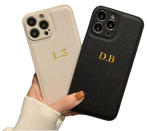 Casebox Personalisierte Initialen Lederhülle für iPhone 17, 16, 15, 14, 13, 12, 11 Pro Max, Litschi-Textur, rutschfest und stoßfest