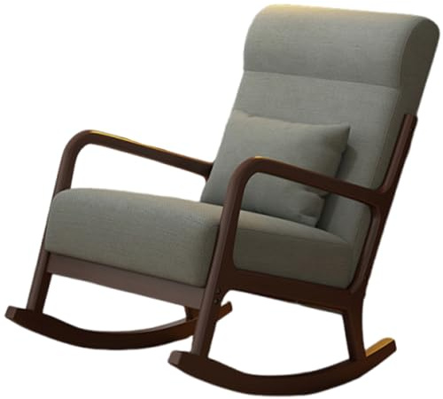 JS Ellie Schaukelstuhl im Vintage-Stil aus Massivholz mit Fuß- und Armlehnen, Einzelsofa mit Bezug aus Baumwoll-Leinen-Mischgewebe, geeignet für Wohnzimmer, Arbeitszimmer und Balkon Gray-A