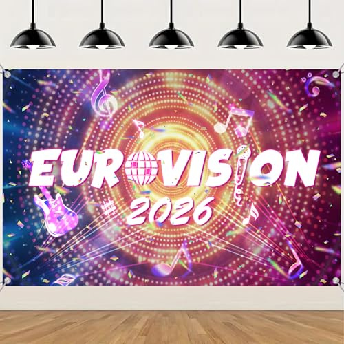 Eurovision Song Contest 2026 Banner - Disco Party Dekoration Eurovision Hintergrund 180 x 110 cm, Stoff Partybanner für Bar Restaurant Pub Deko Innen- und Außenbereich