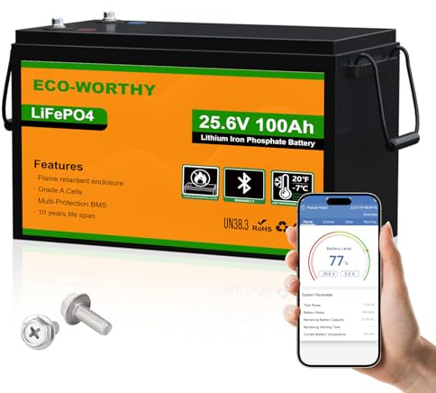 ECO-WORTHY LiFePO4 24V 100Ah Bluetooth mit BMS Schutz Low Temperature Schutz und 4000-15000 Zyklen 24V 100Ah für Wohnmobilen, Wohnwagen,Solaranlage Komplettset