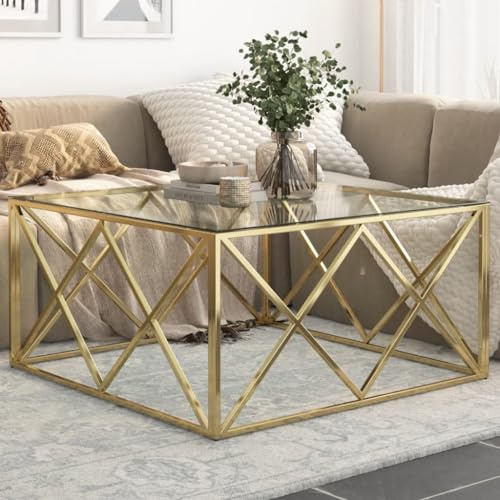 sephironlbb Table basse dorée en acier inoxydable et verre trempé - 100 x 100 x 50 cm - Table de salon carrée pour collations, boissons, vases et décoration, facile d'entretien