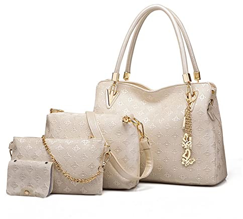 Pahajim Handtasche Damen Handtaschen Set, Mode Frauen Taschen Set Mittelgroß Umhängetasche Damenhandtasche Portemonnaie Tasche Set 4 Teilig für Arbeit Einkaufen Party Reisen (Weiß)