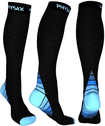 Physix Gear Sport Kompressionsstrümpfe Damen & Herren Stützstrümpfe (20-30mmHg) für Wassereinlagerungen, Flugreisen & Sport Kompressionssocken Langlebige Laufsocken Compression Socks BLAU XXL