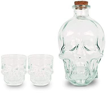 Pack de Licorera y Dos Vasos para Chupitos en Forma de Calavera - Elaborados en Cristal - Accesorios para Bebidas con Diseño Original - Capacidad de Licorera: 850 ml