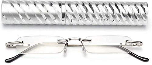 Schlanke Rahmenlose Lesebrille Mini-Taschenleser Sehehilfe mit Stiftetui für Damen und Herren (Silber,+2.0)