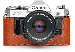 Case for Canon New AE-1 A-1 (No Handle), Zakao Handmade Genuine Real Leather Half Camera Case Bag Cover for New AE-1 A-1 (No Handle) With Hand Strap (Brown)