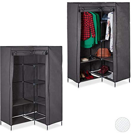 Relaxdays Set of 2 Corner Canvas Wardrobes 3rd Generation, 8 Tiers, 2 Rails, Plug-In System, 169x100x83 cm, Anthracite