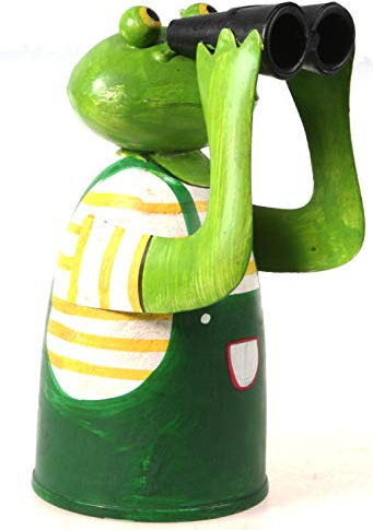 Schick-Design Zaunhocker Frosch mit Fernglas und gelbem Shirt aus Blech 21 cm Figur Metall Deko Garten Balkon Dekofigur Pfostenhocker