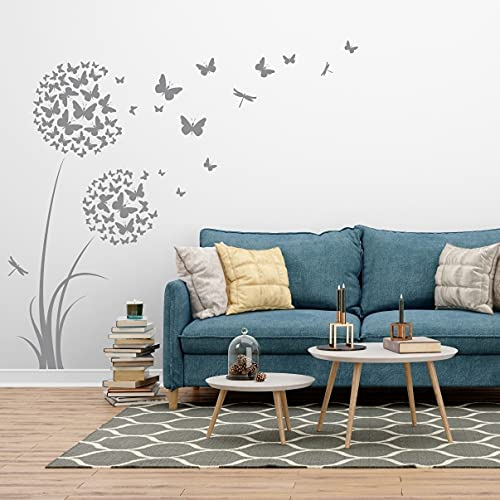tjapalo®4v großes Wandtattoo Pusteblume mit Schmetterlingen Wandtattoo Wohnzimmer blumen Wandtattoo mädchenzimmer teenager, Farbe: Weiß, Größe: H100xB34cm