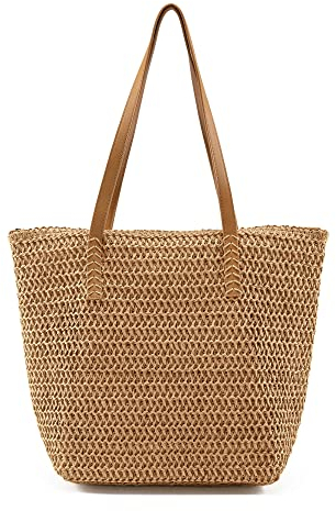 Faletony Stroh Strandtasche Flechttasche Strohtasche Groß Umhängetasche Sommer Shopper Handtasche Einkaufstasche Korbtasche für Strand Reise Einkauf (Stil 2-Hellbraun)