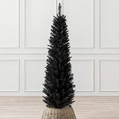 Christow Black Pencil Christmas Tree 5ft, Artificial Slim Spruce, Modern Indoor Xmas Decoration, Lifelike Forked Branches with PVC Needles, Easy Assembly with Stand, Tip Count 236 (skirt not included)