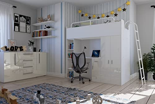 Marlux-Meble Hochbett JSM-4 80x190 mit Kleiderschrank Schreibtisch und Leiter Hochglanz Kinderbetten Funktionsbett Etagenbett Stockbett Kinderhochbett Jugendhochbett (Beige Glanz)