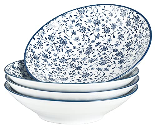 fanquare 20cm Ensaladeras Grandes, Tazones de Porcelana para Fideos, Juego de 4, Tazón para Fideos Ramen con Patrón Floral Azul