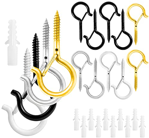 10 Stück Schraubhaken Schwarz,Gold,Silber und Weiß,Haken zum Schrauben,Hakenschrauben,Deckenhaken Schwerlast mit Sicherheitsschnalle Benutzt für Pflanzenkörben Vogelhäuschen Windspielen Lichterketten