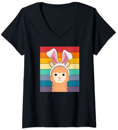 Damen Osterhase Retro Vintage Stil Alpaka Lama Hase Ohren T-Shirt mit V-Ausschnitt