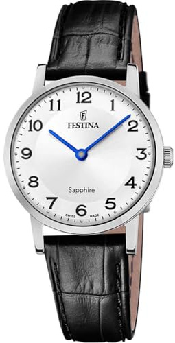 Festina Swiss Made Damenuhr Analog aus Leder Schwarz | Quarzwerk, Robustes Saphirglas, Wasserdicht 5 ATM, y F20013/5, Classic Leather