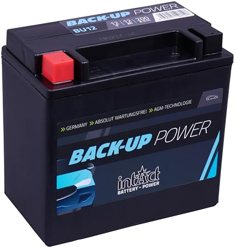 intAct AGM Zusatzbatterie 12V 12Ah 200A, wartungsfreie AGM Backup Batterie, ideal als PKW Stützbatterie für Hifi-Systeme und weitere Zusatzfunktionen, Maße (LxBxH): 150x87x145mm, Pluspol links