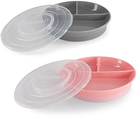 Twistshake Assiette Divisée Avec Couvercle Hermétique - Set De 2 | Assiette Divisée Pour Enfants | Sans BPA | Assiette D'alimentation | Gris Rose
