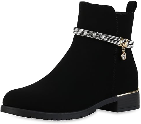 VAN HILL Damen Klassische Stiefeletten Blockabsatz Strass Trendy Schuhe 840507 213001 Schwarz 38