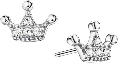Michooyel Ohrstecker aus Sterlingsilber mit Krone für Damen, Zirkonia, Prinzessinnenkrone, zierliche Ohrstecker für Mädchen