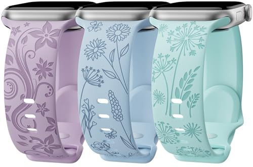 3 Stück Floral Gravierte Silikon Armband Kompatibel mit Apple Watch Armband 45mm 44mm 42mm 49mm iWatch Serie 9 Ultra SE 8 7 6 5 4 3 2 1 für Damen, H42