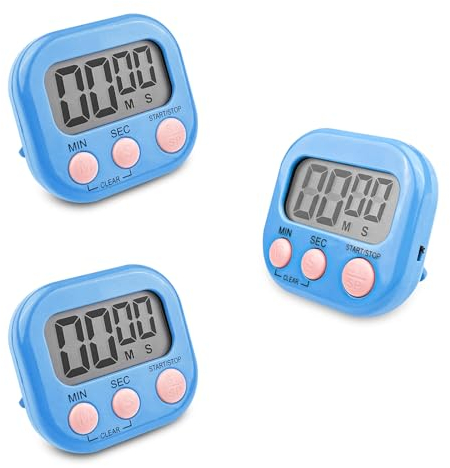 Fousenuk 3 Stück Eieruhr Blau, Timer Digital, Küchentimer Küche, Kurzzeitwecker Magnetisch, Stoppuhr mit Einklappbarer Ständer, Timer mit Großem LCD-Display für Kochen Backen Sport Studieren
