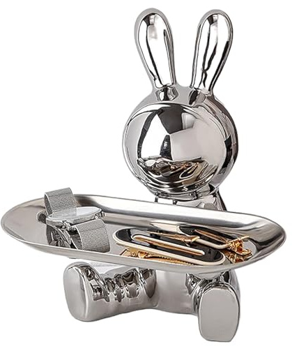Obelunrp Statue de lapin, plateau clé pour le tableau d'entrée 7x7,3 pouces statue de lapin en céramique avec plateau en céramique statue de lapin