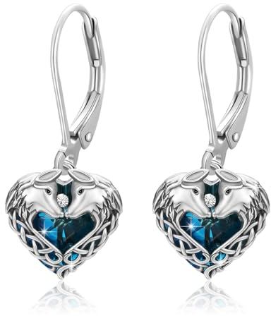 MEDWISE Wolf Ohrringe 925 Sterling Silber Herz Hängend Kristall Ohrhänger Keltischer Knoten Tier Schmuck für Damen Mädchen Frauen Ehefrau Mutter Mama Geburtstag