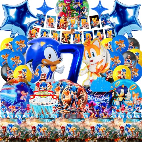 SABAN Decoracion Soni Cumpleaños 7 Años, 95 Piezas Kit Vajilla Cumpleaños Soni, 3D Globos Foil Soni para Niños, Alta Calidad Mantele, Banner y Decoración Tartas, Decoracion Fiesta de Niño Tema Bluey