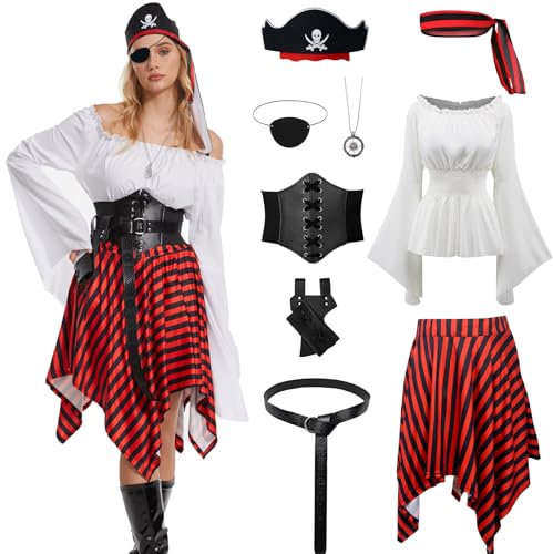 AJGEGJE Costume de pirate pour femme avec ceinture, foulard, cache-œil - Ensemble médiéval pour Halloween et cosplay (taille S)