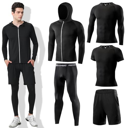 DMVOD Mens 5Pcs Quick Dry Compression Sets Tops Accessories Clothes Equipment for Workout Gym Athletic Running Sport Include Compression T-shirt Long/Short, Shorts, Leggings Tights, Hooded Black-2XL