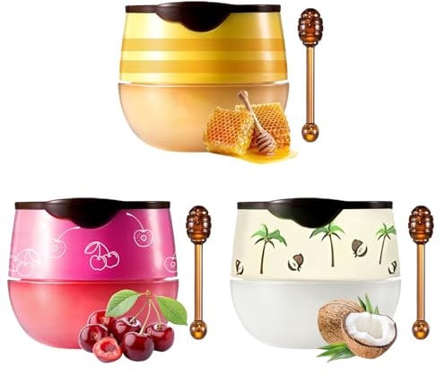 3pcs Honey Lip Balm Bee Honey Pot Lip, Moisture & Wrinkle Repair Prevent Dry Cracked Lip Exfoliator Lips Mask For Care Set(Honey Cherry Coconut)