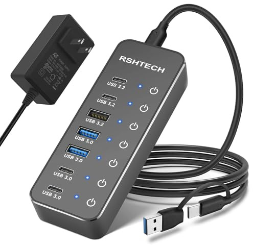 RSHTECH - Répartiteur de hub USB 3.2/USB-C à 7 ports avec 3 ports USB 3.2 10 Gbps (2C + 1A), 4 ports USB-3.0 (2C + 2A), câble de 3,2 pieds, interrupteurs tactiles et adaptateur secteur