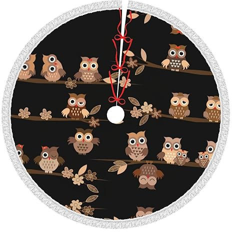 Niedliche braune Cartoon-Eulen-Weihnachtsfransen Spitze Baumrock für Weihnachten, Urlaub, Party-Dekorationen