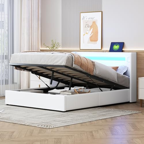 Polsterbett 140x200 Bett mit LED-Lichtleiste, Bluetooth-Player und USB-Aufladung, Stauraumbett aus PU-Leder, Hochbettkasten, Doppelbett mit Lattenrost Weiß