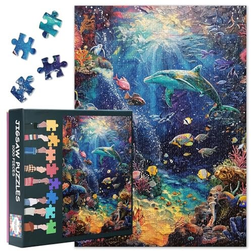 Deep-sea Animals Jigsaw Puzzles, Dolphin with Colorful Coral Reef Environment Adult Puzzles with Letters on Back,Challenging Funny Family Puzzle Perfect for Game Nights 27.5 x 19.7 inch