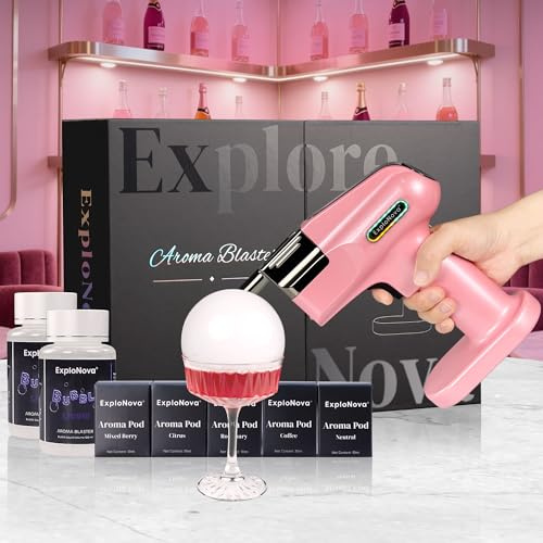 ExploNova Kit de Fumoir pour Whisky à Bulles, 5 Capsules D'arômes et Bulles Comestibles, Machine à Fumée électrique Décoration de Boissons Alimentaires, Parfaite pour Bar, Fête - Rose