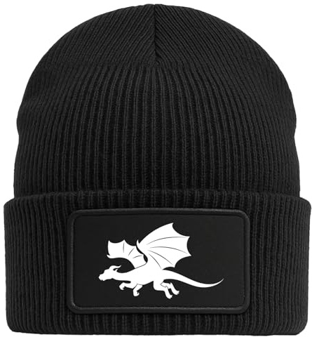 Huuraa Beanie Drache Silhouette Geschenk | Black Geschenkidee Schwarze Rippstrick Wintermütze mit austauschbarem Klett Patch