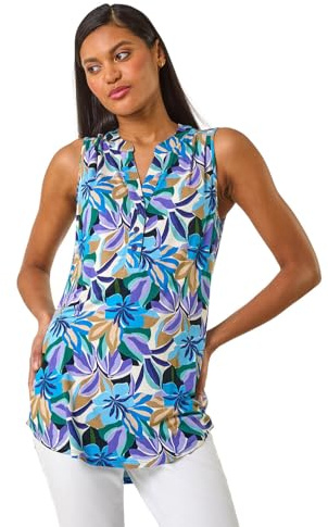 Roman Originals Sleeveless Shirt for Women UK Ladies Vest Tank Top Summer Smart Blouse Stretchy Jersey T-Shirt Casual Spring Holiday Party Beach Vacation Notch Neck - Floral Blue - Size 18
