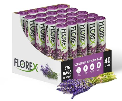 40L Bin Bags Lavender Scented – 25 Rolls (375 Bags), Strong Bin Liners with Drawstring, Pedal Bin Bags for Kitchen, Bathroom, Office, Swing Bin Liners, Leak-Proof Trash Bags