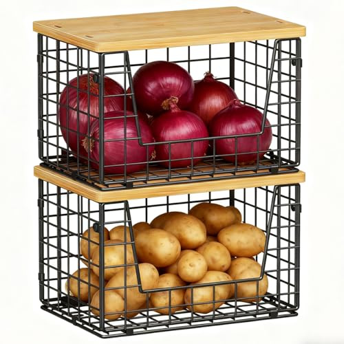 keomaisyto Stackable Wire Baskets, 2-Pack - Kitchen & Pantry Organizers for Potato, Onion Storage, Heavy-Duty Metal Storage Bins for Fruit, Vegetable, Snack, Can