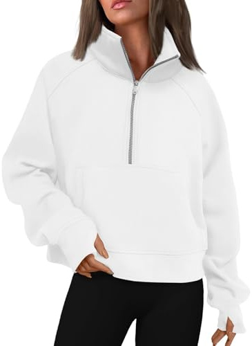 Bluse Damen,Damen Pullover Sweatshirt Kasack Sweatjacke Mit Fleece-Innenfutter Reißverschluss Zip Hoodie Rollkragenpullover Oberteile（01-Weiß,M）