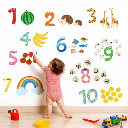 fufuquare Niedliche Karikatur Pädagogische Arabische 1-10 Zahlen Wandtattoo mit Tieren und Früchten, Schälen und Kleben Abnehmbarer Wandaufkleber für Kinder Kindergarten, Klassenzimmer, Spielzimmer