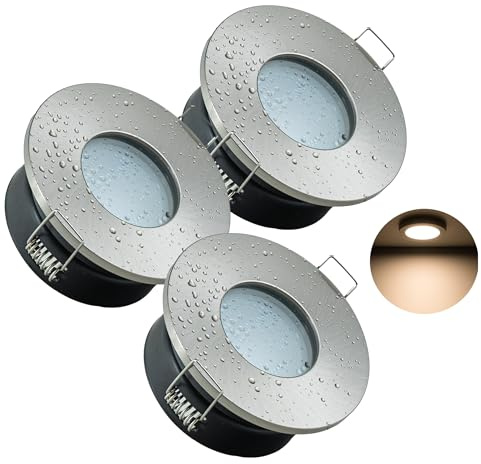 JungesLicht - IP65 Einbaustrahler 12V inkl. Trafo, 3x 1W LED Leuchtmittel warmweiß 3000K 100Lumen - austauschbar, Bohrloch 68-72mm, Außen 83mm, Tiefe 65mm, Komplettset, Bad Einbauleuchte, Deckenspot