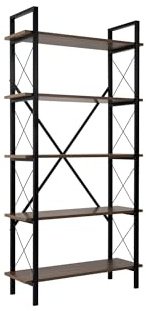 Stilvolles Bücherregal, Walnuss & Schwarz, 90 x 180 x 33,5 cm | 100% melaminbeschichtete Spanplatte, Metallrahmen | wandmontierbar, mehrere Regale für zusätzlichen Stauraum