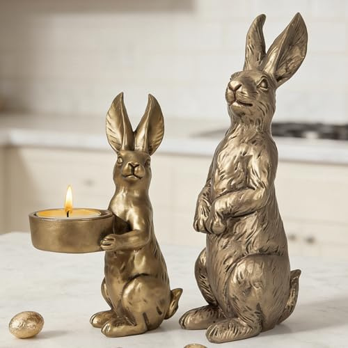 DN DECONATION Goldene Osterhasen Figuren Set 2er, Vergoldete Resin Kaninchen Statue mit Teelicht Halter, Vintage Luxus Deko Zuhause Zentrum, Elegante Tisch Deko für Hochzeiten und Oster Geschenk